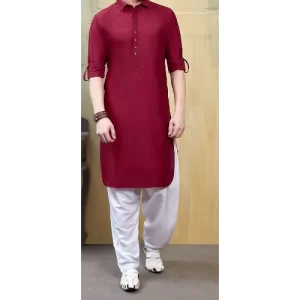 Maroon Rolled Up Loop Sleeves Kurta.