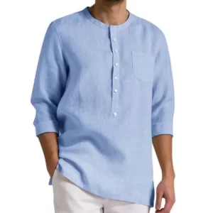 Sky Blue, Band Collar, Full Sleeves, Short Kurta